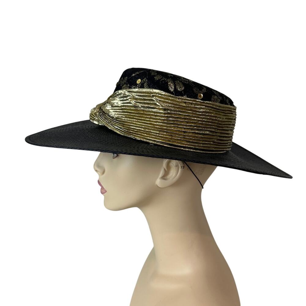 VTG Whitall & Shon Elegant Womens Black/Gold Straw Sun Hat Vacation Derby Church